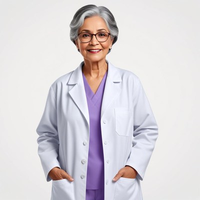 Medical professional in a lab coat smiling warmly