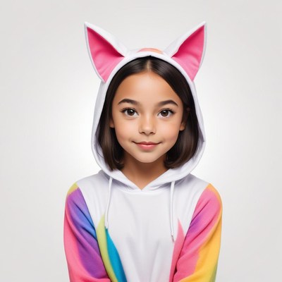 Young girl in colorful unicorn hoodie smiling gently