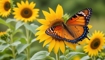 Butterfly resting on a sunflower in a garden