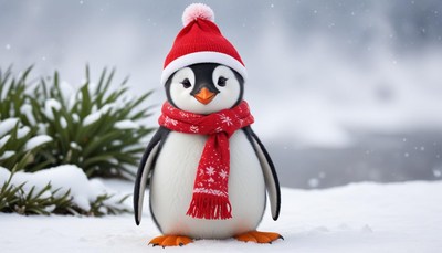 Penguin in a red hat and scarf during winter season