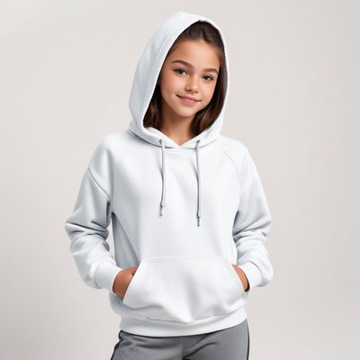 Girl smiling in white hoodie with a neutral background