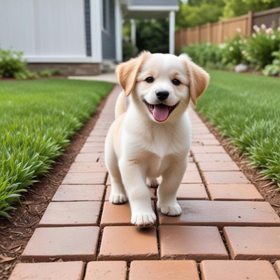 Happy puppy walking on a garden path in summer