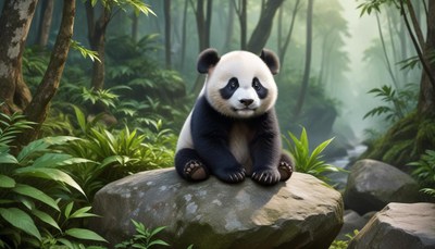 Cute panda sitting on a rock in a lush forest
