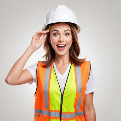 Happy woman in safety gear at construction site