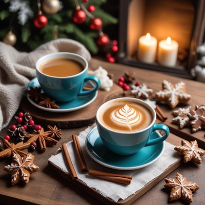 Warm drinks and festive treats create a cozy holiday setting