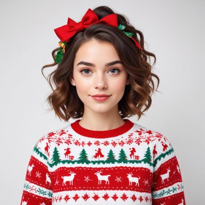 Young woman wearing festive sweater with holiday decorations