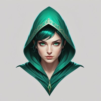 Young woman in a green hooded cloak with striking eyes