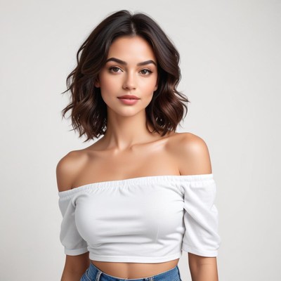 Portrait of a woman in a white off-shoulder top