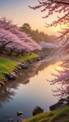 Cherry blossoms by the river at sunrise in springtime
