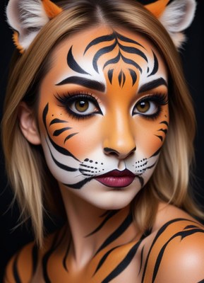 Beautiful woman with tiger face paint posing indoors