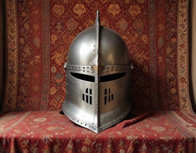Historic knight's helmet displayed on ornate fabric