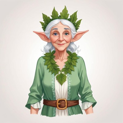 Elderly fairy with green leaves in a whimsical setting