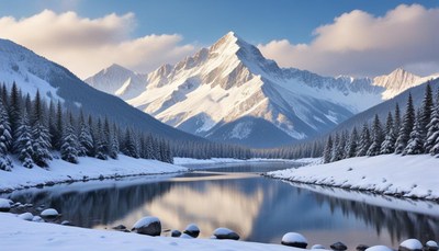 Snow-covered mountains reflect in calm river at sunset