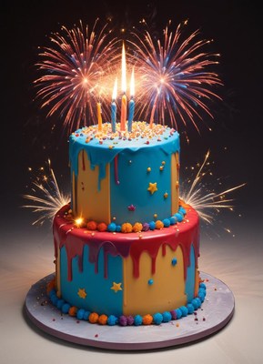 Bright birthday cake with fireworks display at celebration
