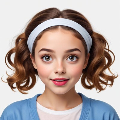 Young girl with curly hair and headband smiling happily