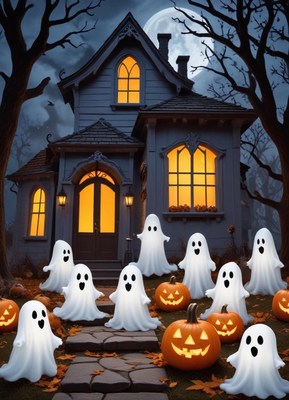 Ghosts gather at a haunted house during halloween night