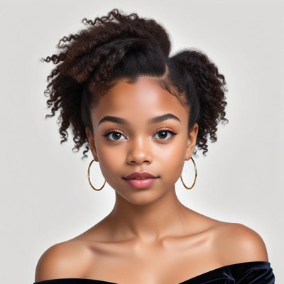 Young girl with curly hair posing against a soft background