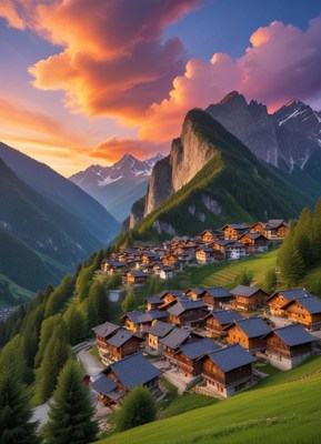 Sunset over a mountain village in the valley