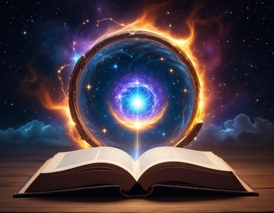 Ethereal book revealing a cosmic portal in a dark sky