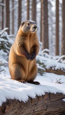 Marmot standing on a log in a snowy forest