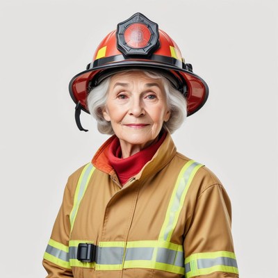Elderly firefighter poses proudly in uniform