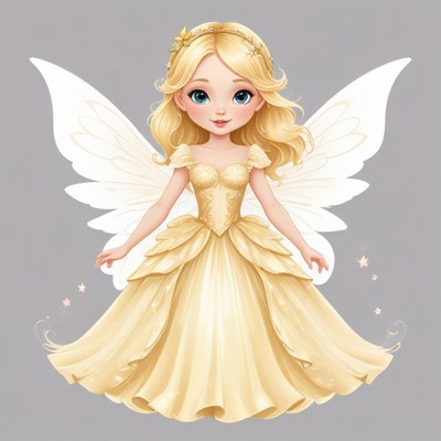 Fairy with golden dress and wings in fantasy setting