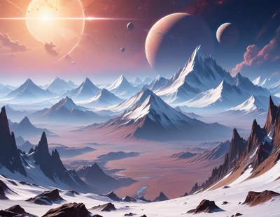 Stunning alien landscape with mountains and distant planets