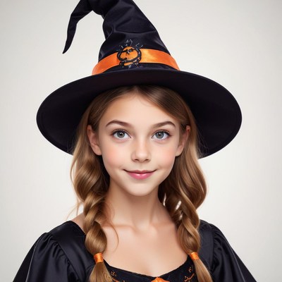 Girl wearing witch costume with hat and braids for halloween