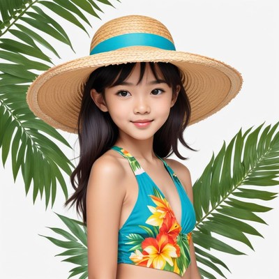 Girl wearing a large straw hat with tropical design