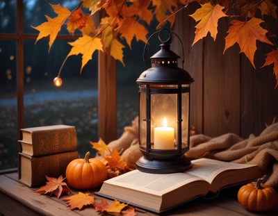 Cozy autumn scene with a lantern, books, and pumpkin