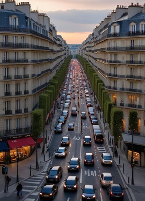 Evening traffic scene in paris along tree-lined avenue