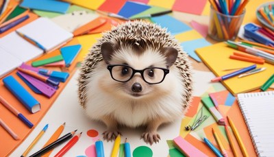 Hedgehog wearing glasses in a colorful art workspace