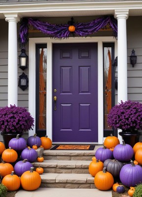 Vibrant halloween decorations at a cozy front entrance