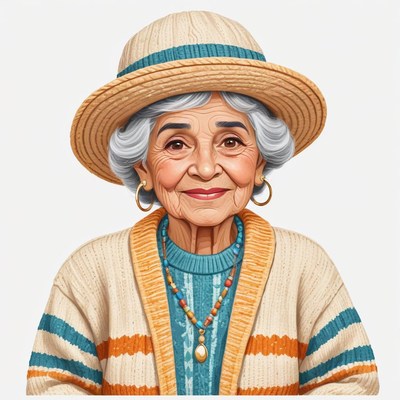 Elderly woman wearing a stylish hat and cozy sweater