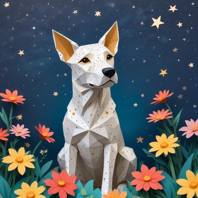Crafted dog figure among colorful flowers and stars