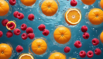 Fresh fruits floating in water create a colorful scene