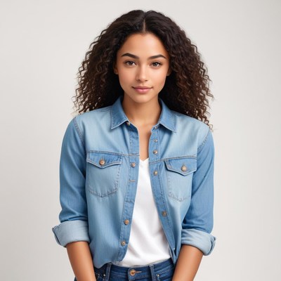 Young woman posing in a denim shirt with curly hair