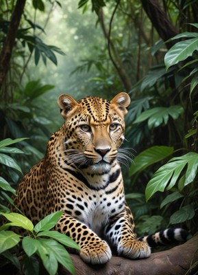 Majestic leopard resting in lush green jungle