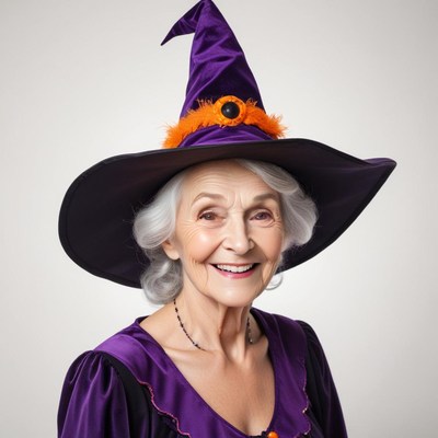 Smiling elderly woman dressed as a witch for halloween