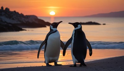 Penguins enjoying a sunset by the beach
