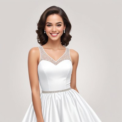 Beautiful bride in elegant white dress smiling joyfully