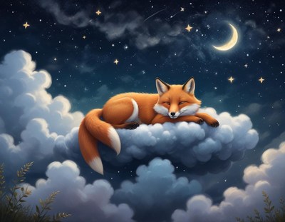 Fox resting on a cloud under a starry night sky