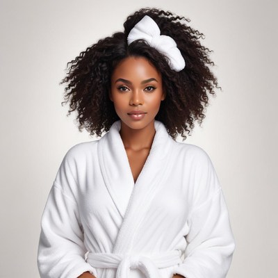 Beautiful woman in a white bathrobe with curly hair