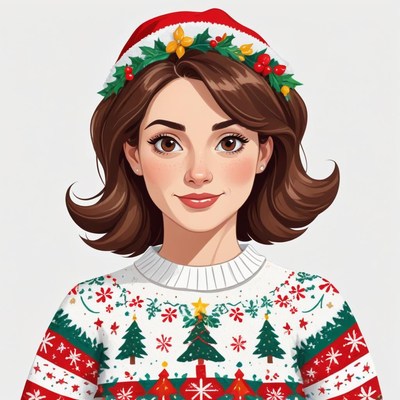 Cheerful woman in holiday sweater with festive hat