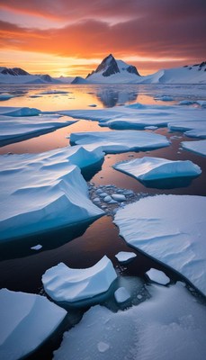 Beautiful sunset over icebergs in arctic waters