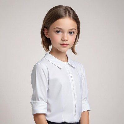 Child in white shirt posing against neutral background