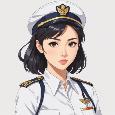 Young female pilot in uniform with a hat and badges