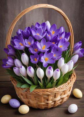 Spring basket filled with colorful crocus flowers