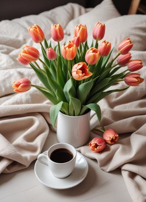 Fresh tulips and coffee on soft bedding in morning light
