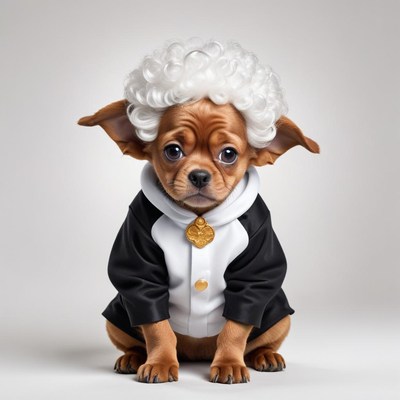 Cute puppy dressed in a suit with curly white wig